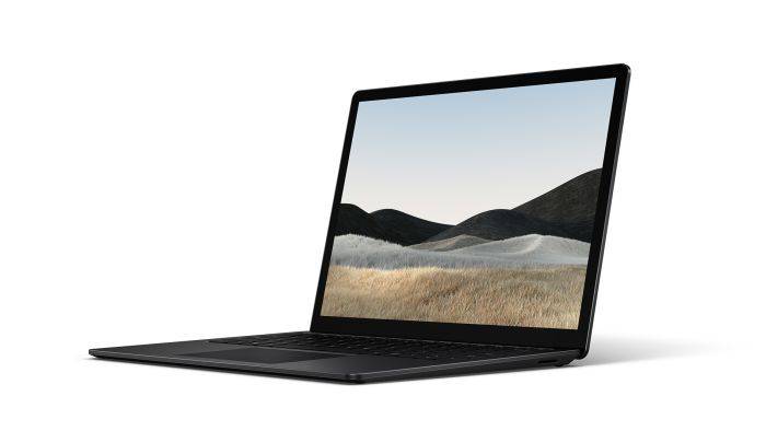 Surface Laptop 4 shown from three quarter view with kickstand extended and type cover.